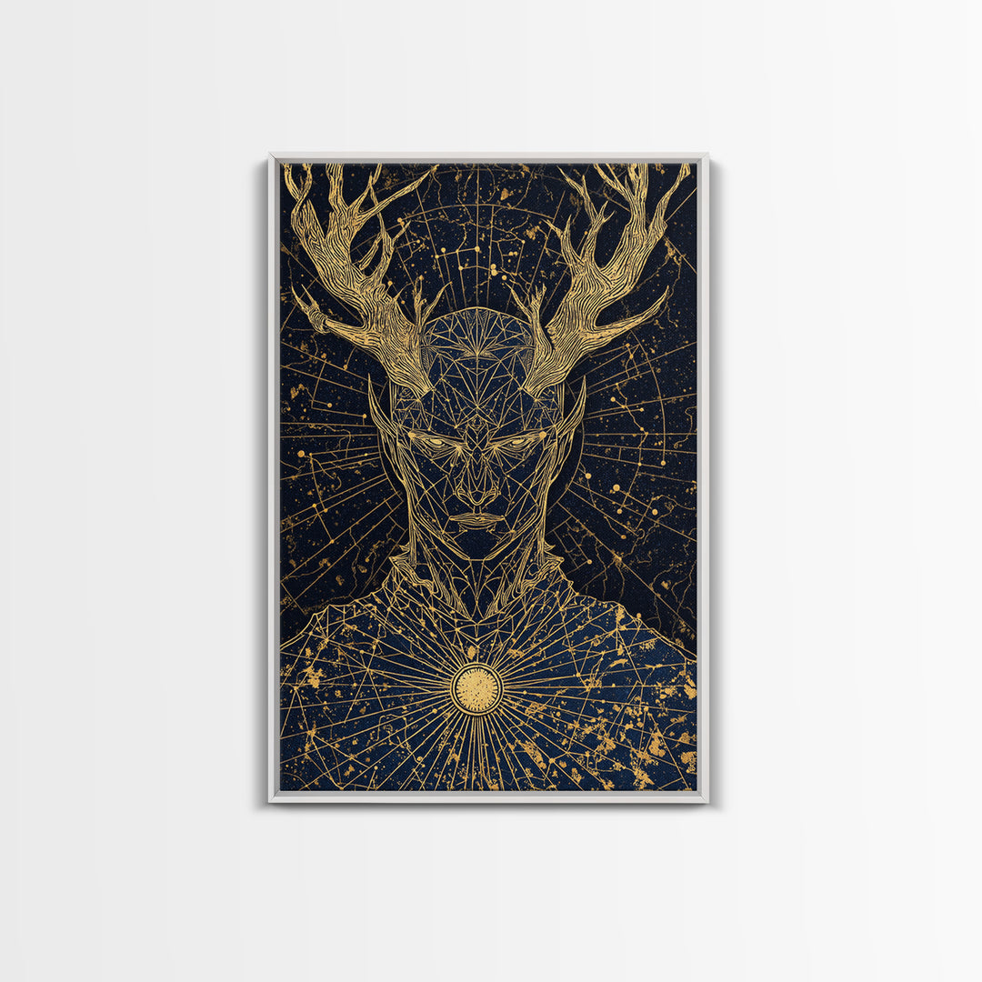 Geometric Antler God Artwork, Canvas Gold Art Print, Mythology Constellation Wall Decor, Cosmic Style, Real Wood Frame
