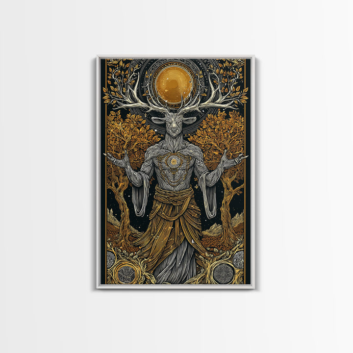 Forest Deer God Artwork, Canvas Gold Canvas Print, Pagan Mythology Wall Art, Nature Spirit Decor, Real Wood Frame Accent