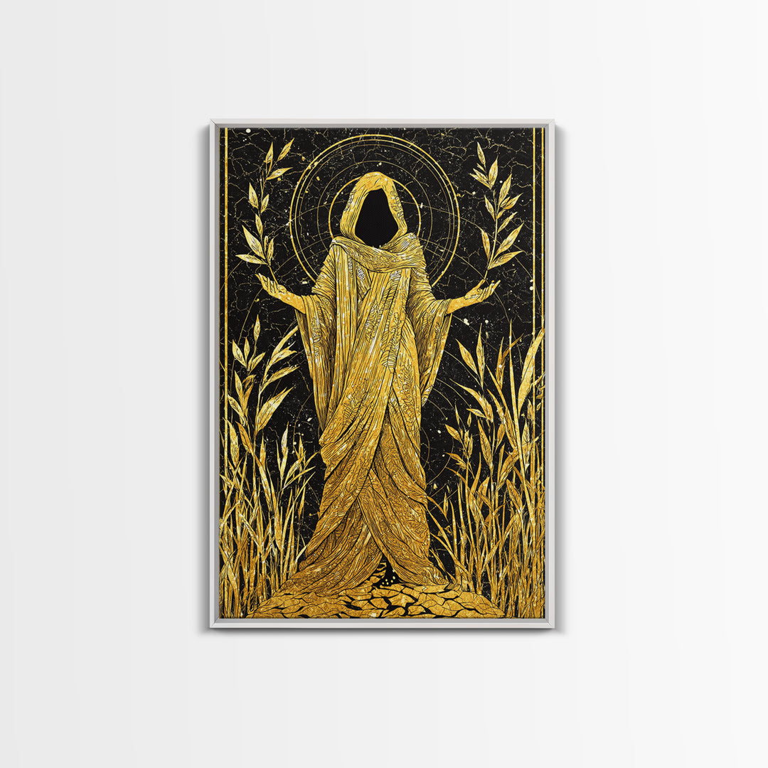 Mystical Hooded Figure Artwork, Canvas Gold Art Print, Mythology Spiritual Wall Decor, Divine Goddess Style, Real Wood Frame