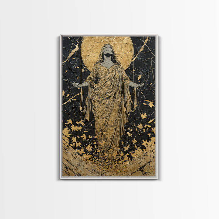 Ancient Goddess Rising Artwork, Canvas Gold Canvas Print, Mythology Divine Feminine Wall Art, Celestial Style, Real Wood Frame