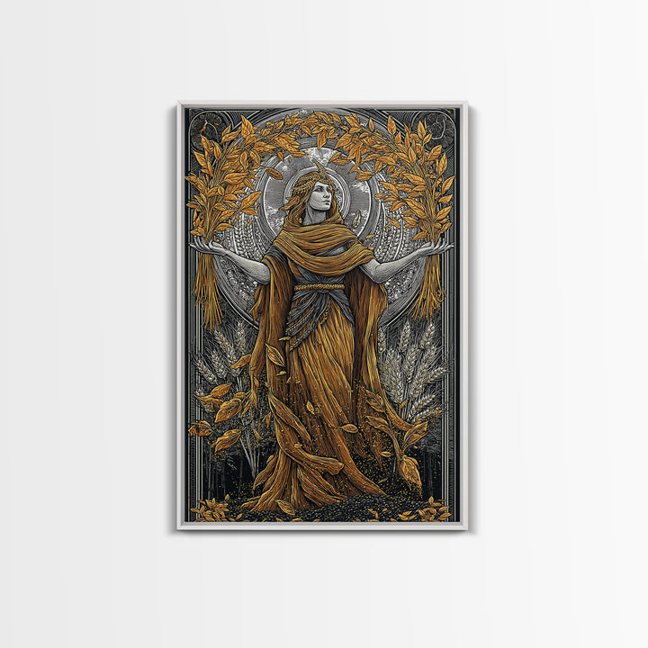 Harvest Goddess Artwork, Canvas Gold Art Print, Ancient Mythology Wall Decor, Wheat and Leaves Motif, Real Wood Frame Display