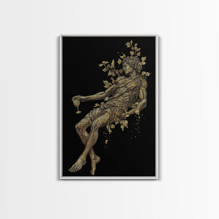 Resting God With Wine Artwork, Canvas Gold Canvas Print, Mythology Dionysus Inspired Wall Art, Mosaic Style, Real Wood Frame