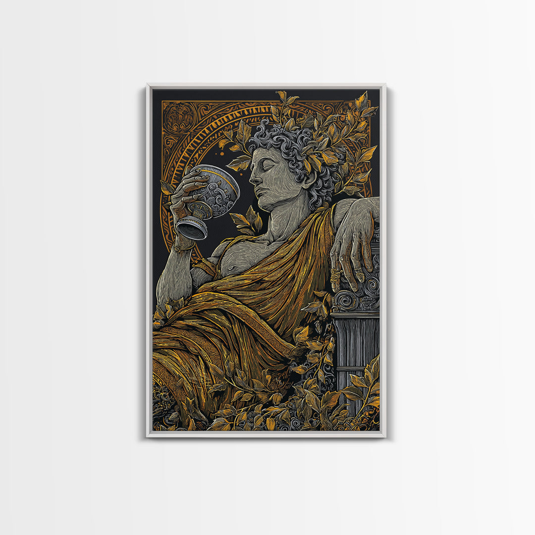 Reclining God With Chalice Artwork, Canvas Gold Art Print, Mythology Inspired Wall Decor, Classical Greek Style, Real Wood Frame
