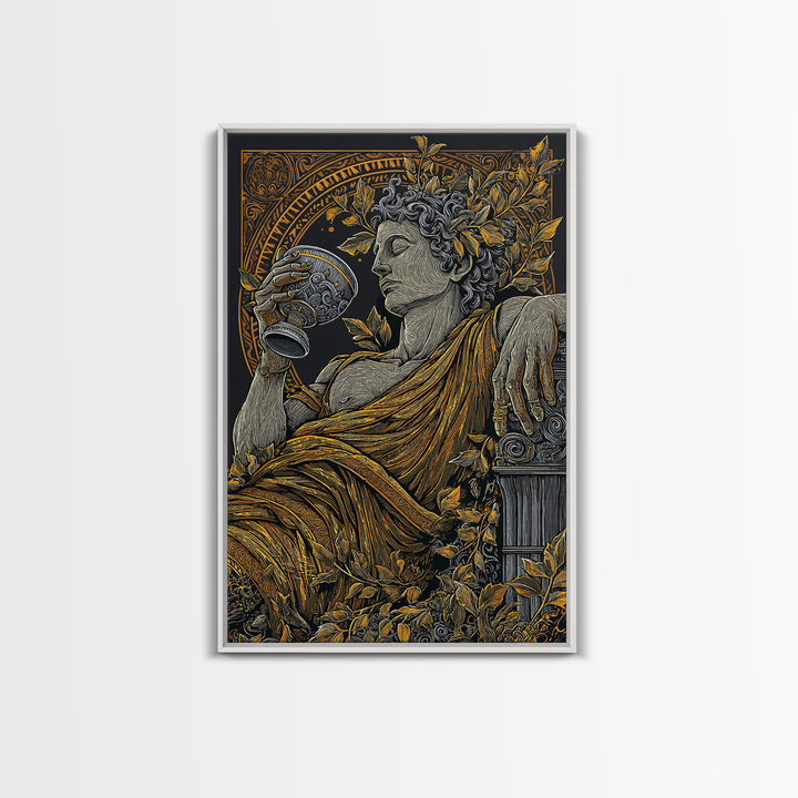 Reclining God With Chalice Artwork, Canvas Gold Art Print, Mythology Inspired Wall Decor, Classical Greek Style, Real Wood Frame