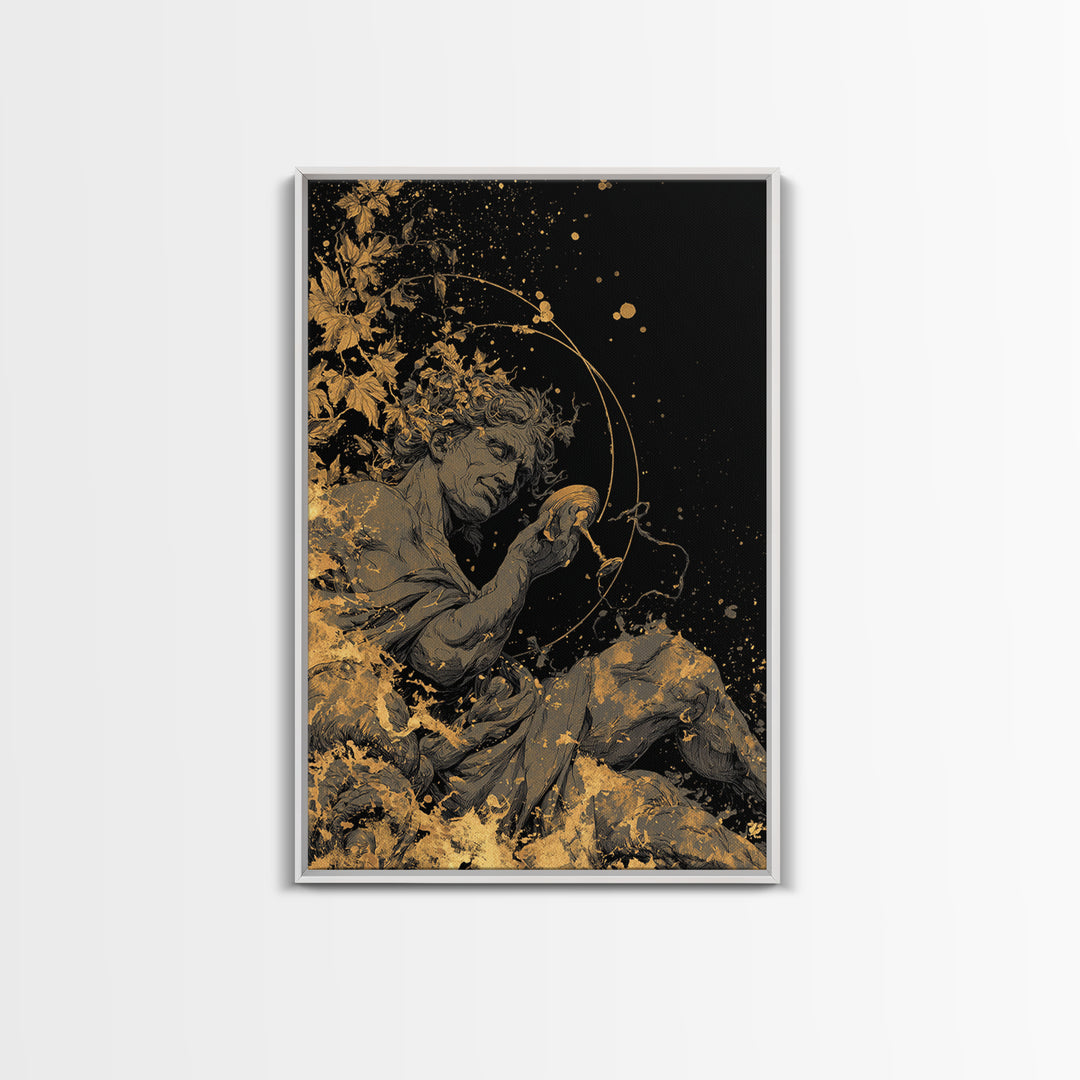 Mythology God Drinking Artwork, Canvas Gold Canvas Print, Ancient Dionysus Inspired Wall Art, Wine Motif Decor, Real Wood Frame