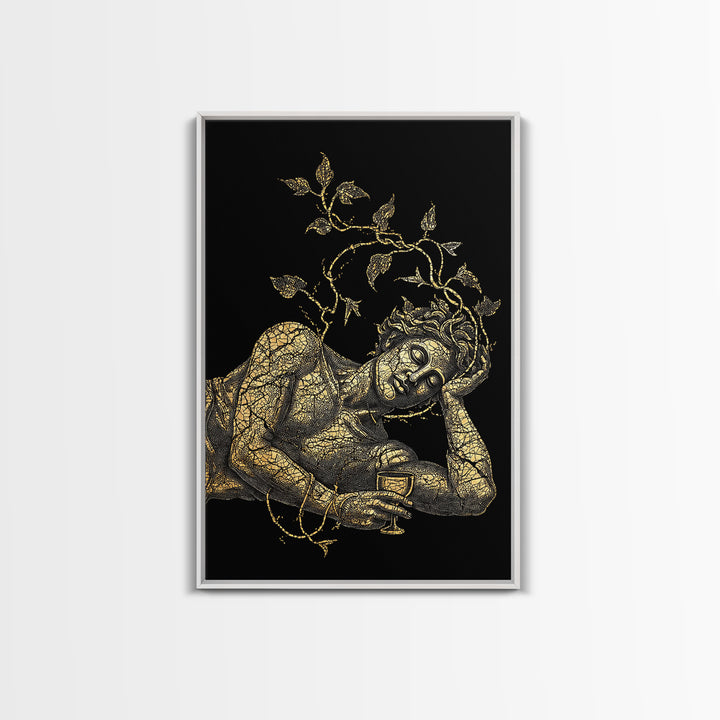 Sleeping God With Vines Artwork, Canvas Gold Art Print, Mythology Dionysus Inspired Wall Decor, Mosaic Style, Real Wood Frame