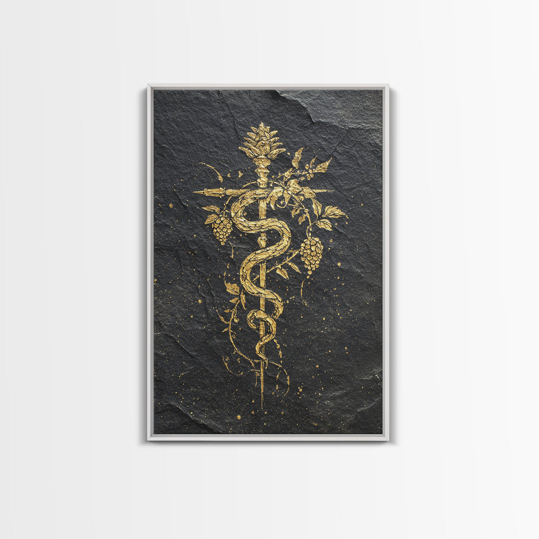 Mythical Serpent Staff Canvas Gold Canvas Print, Ancient Symbolic Snake Art, Luxury Decor With Real Wood Frame