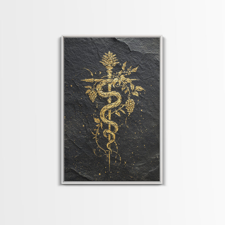 Mythical Serpent Staff Canvas Gold Canvas Print, Ancient Symbolic Snake Art, Luxury Decor With Real Wood Frame