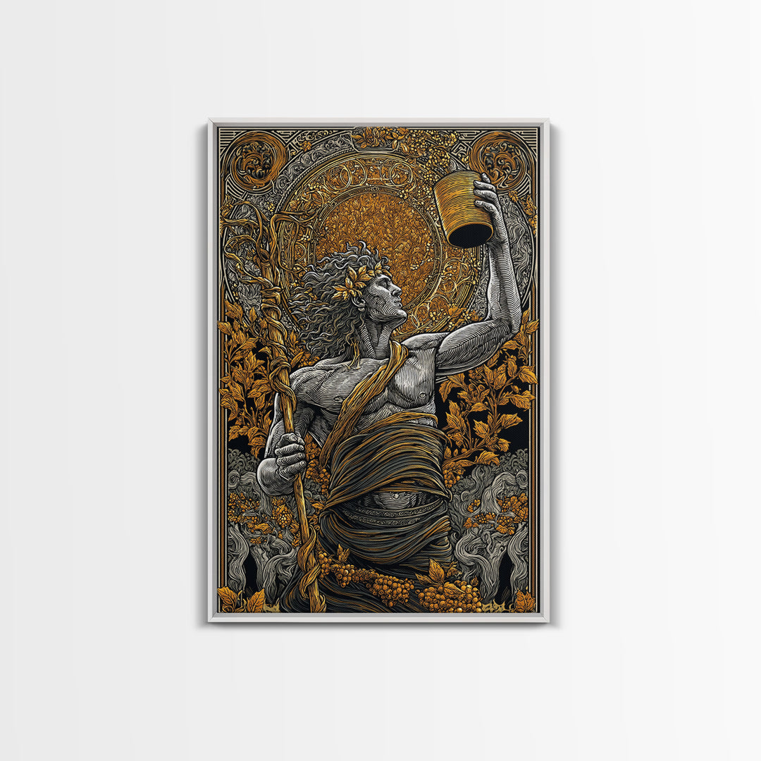 Dionysus Celebration Canvas Gold Canvas Print, Greek God Of Wine Wall Art, Mythology Decor With Real Wood Frame