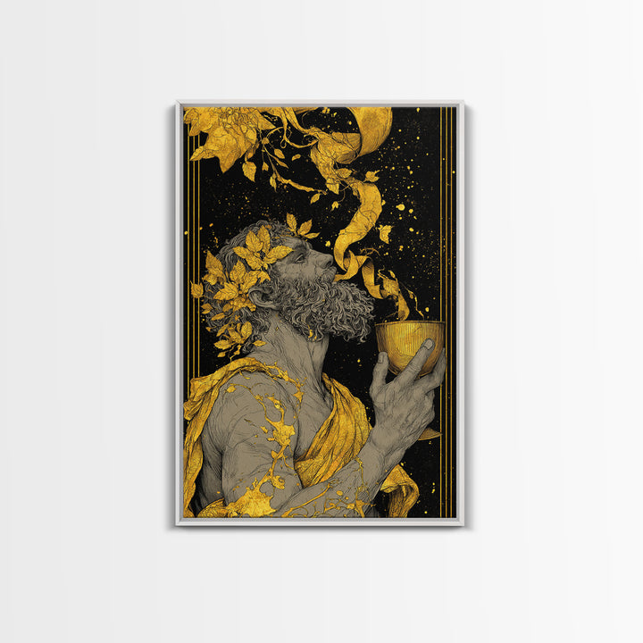 Bearded Dionysus Canvas Gold Canvas Print, Greek Mythology Wine God Wall Art, Regal Luxury Decor With Real Wood Frame