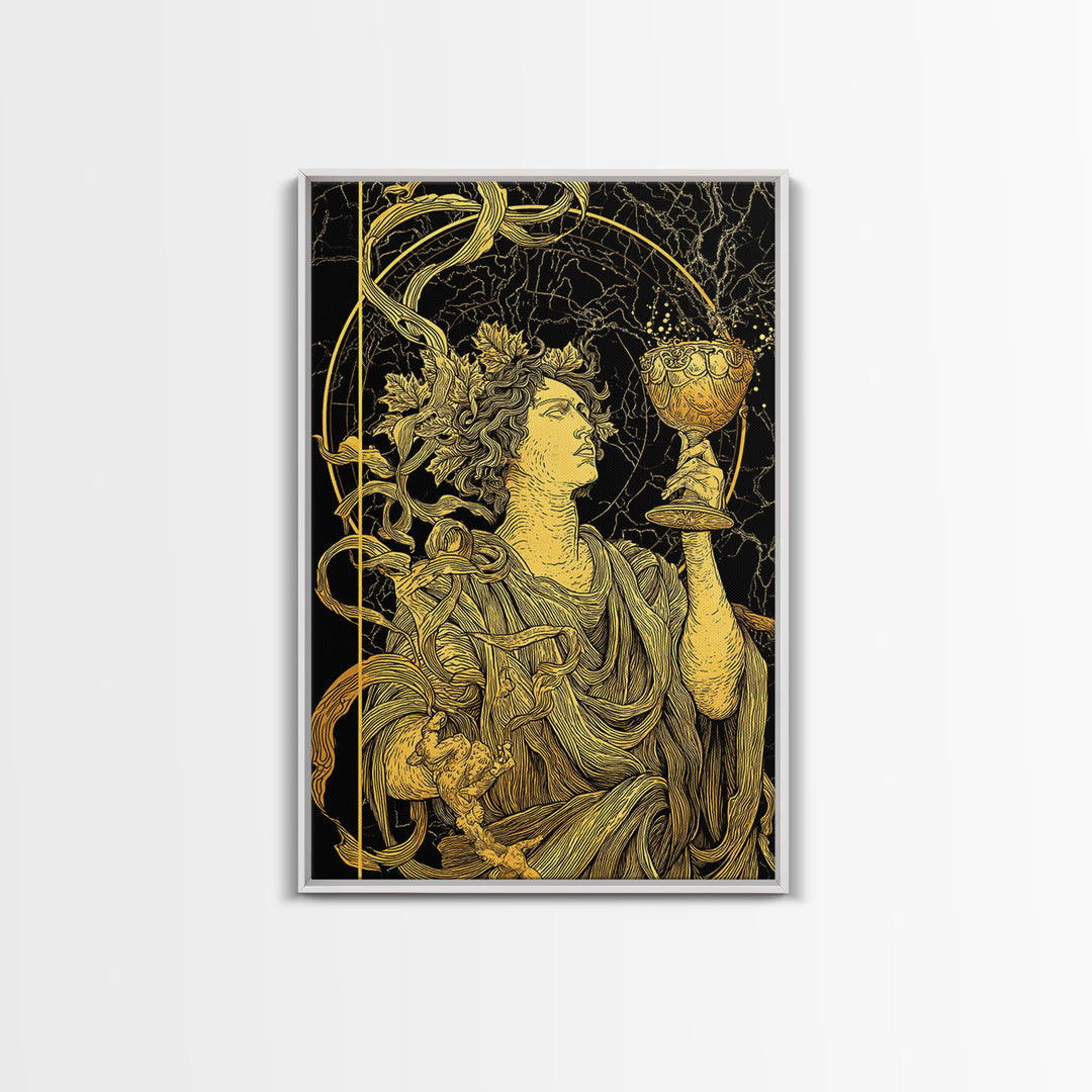 Dionysus With Chalice Canvas Gold Canvas Print, Ancient Greek God Art, Mythology Home Decor With Real Wood Frame