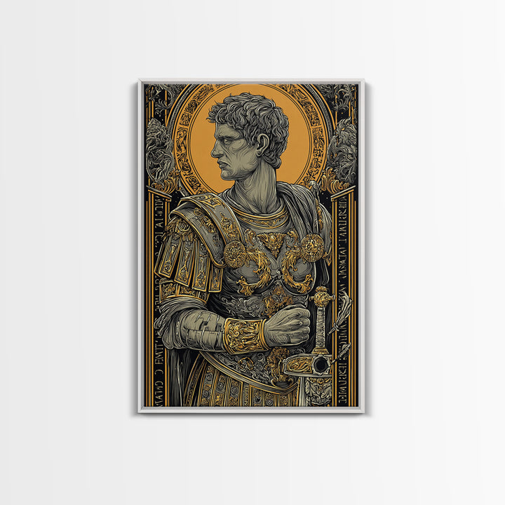 Roman General Portrait Canvas Gold Canvas Print, Ancient Warrior Wall Art, Regal Classical Decor With Real Wood Frame