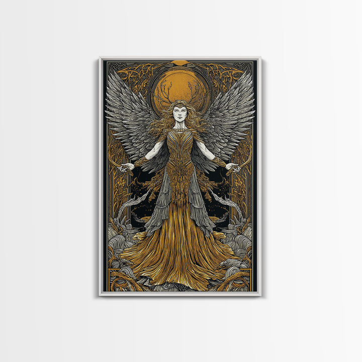Mythical Winged Goddess Canvas Gold Canvas Print, Fantasy Divine Woman Art, Ethereal Luxury Decor With Real Wood Frame