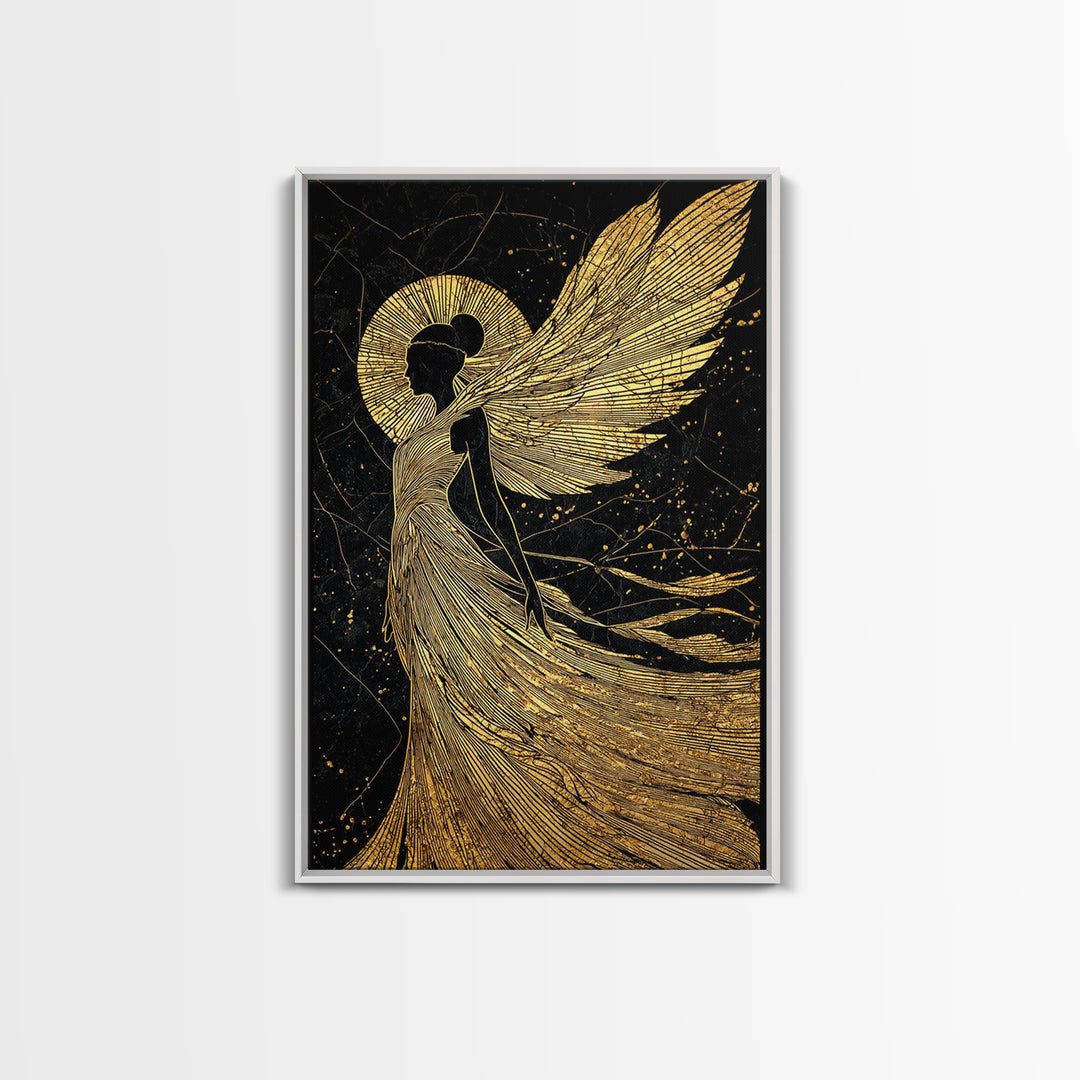 Golden Angelic Silhouette Canvas Gold Canvas Print, Elegant Divine Figure Art, Celestial Decor With Real Wood Frame