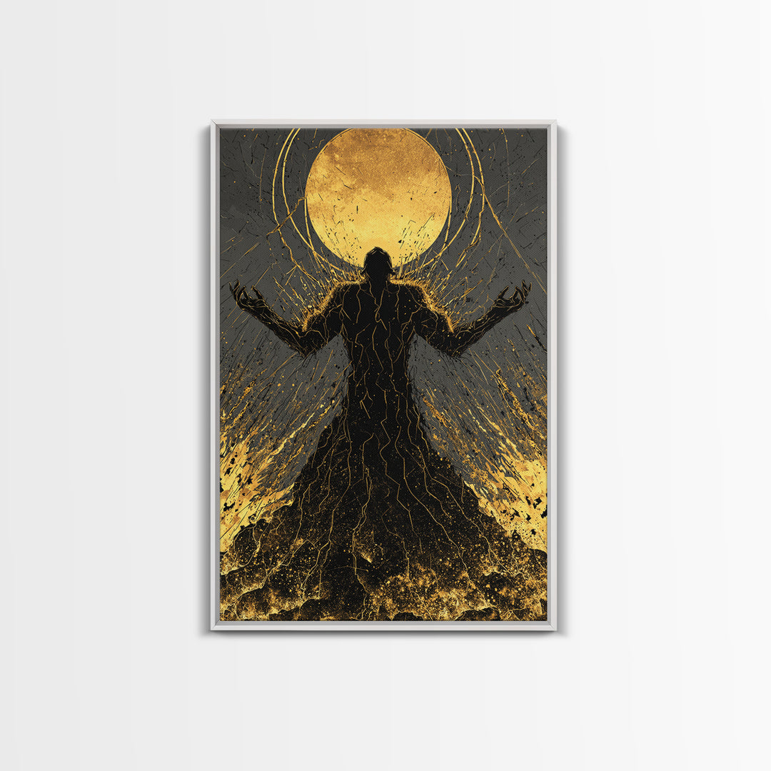 Cosmic Ascension Canvas Gold Canvas Print, Abstract Silhouette Moon Art, Spiritual Mythology Decor With Real Wood Frame