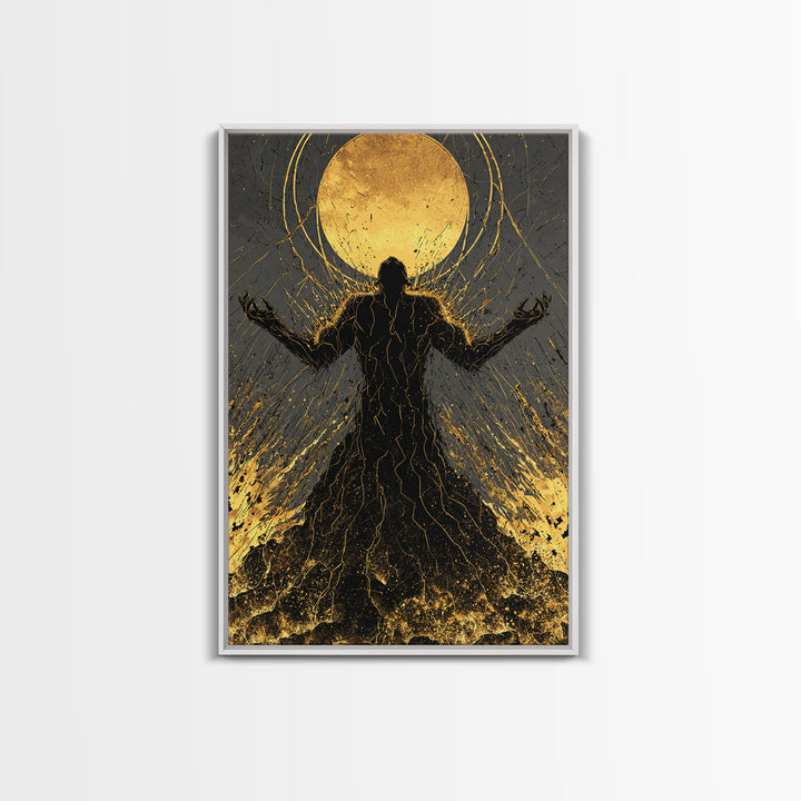 Cosmic Ascension Canvas Gold Canvas Print, Abstract Silhouette Moon Art, Spiritual Mythology Decor With Real Wood Frame