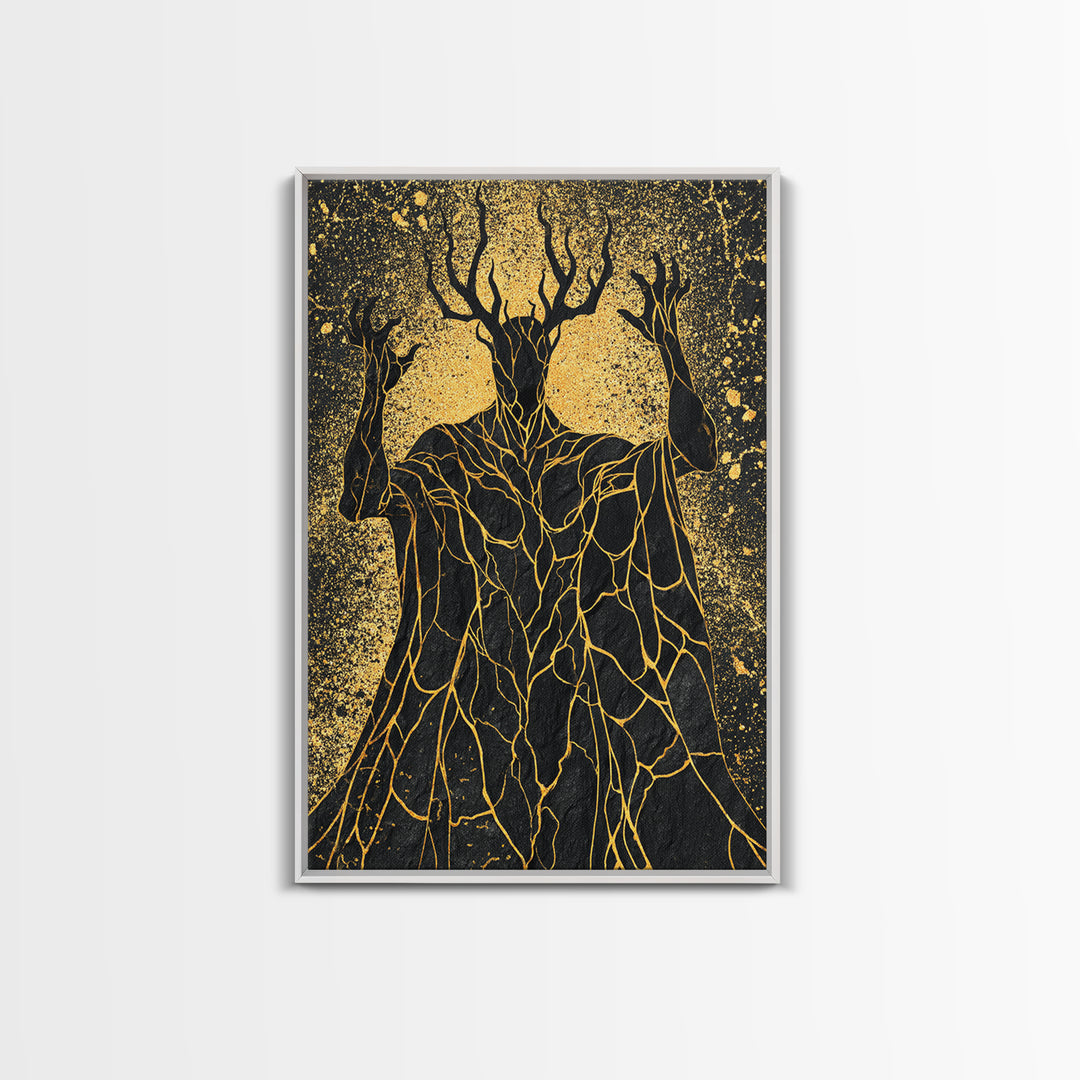 Antlered Mythical Deity Canvas Gold Canvas Print, Fantasy Abstract Wall Art, Mystical Surreal Figure, Real Wood Frame
