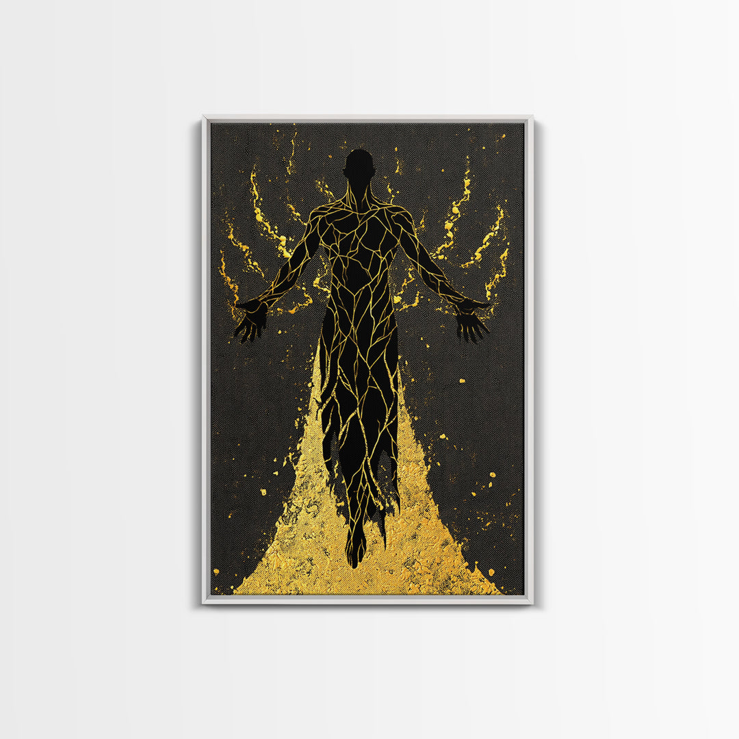 Radiant Ascension Canvas Gold Canvas Print, Mythological Abstract Silhouette, Celestial Fantasy Wall Art, Real Wood Frame