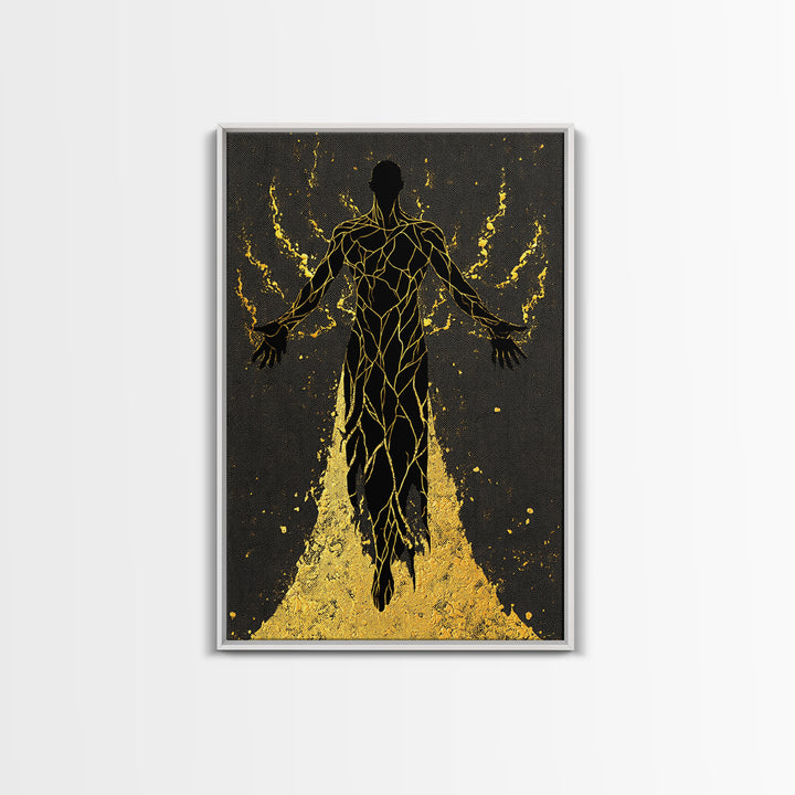 Radiant Ascension Canvas Gold Canvas Print, Mythological Abstract Silhouette, Celestial Fantasy Wall Art, Real Wood Frame