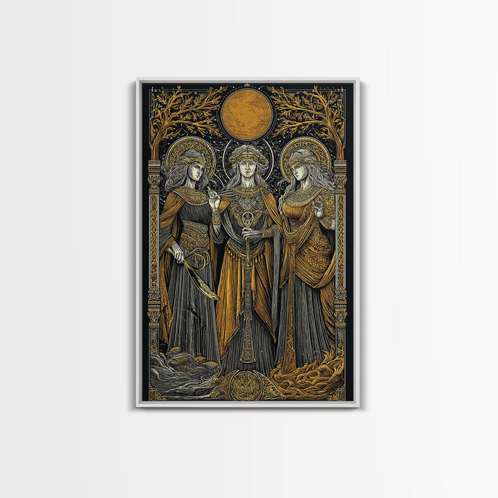 Three Goddesses Mythological Canvas Gold Canvas Print, Greek Goddess Wall Art, Sacred Feminine Decorative Art, Real Wood Frame