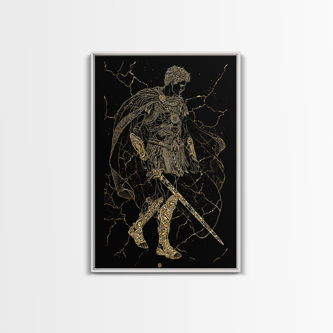 Roman Warrior Hero Canvas Gold Canvas Print, Ancient Gladiator Wall Art, Mythological Soldier Decor, Real Wood Frame