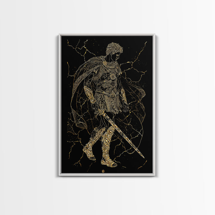 Roman Warrior Hero Canvas Gold Canvas Print, Ancient Gladiator Wall Art, Mythological Soldier Decor, Real Wood Frame