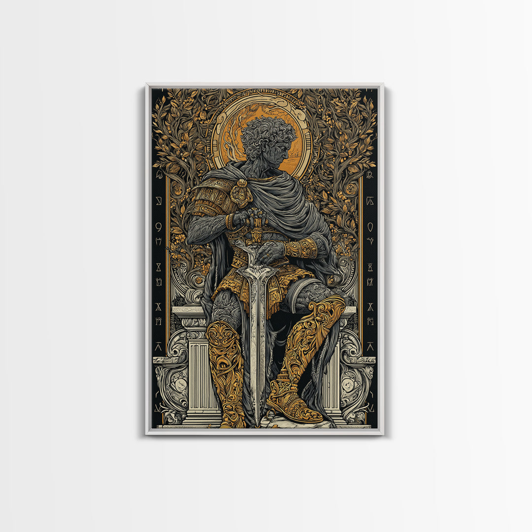 Seated Roman King Canvas Gold Canvas Print, Ancient Emperor Wall Art, Regal Mythological Decor, Real Wood Frame