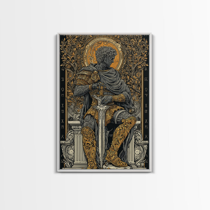 Seated Roman King Canvas Gold Canvas Print, Ancient Emperor Wall Art, Regal Mythological Decor, Real Wood Frame