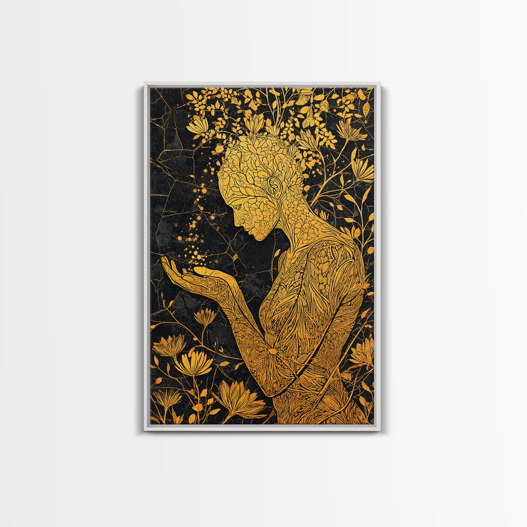 Floral Spirit Goddess Canvas Gold Canvas Print, Botanical Mythological Wall Art, Feminine Divine Decor, Real Wood Frame