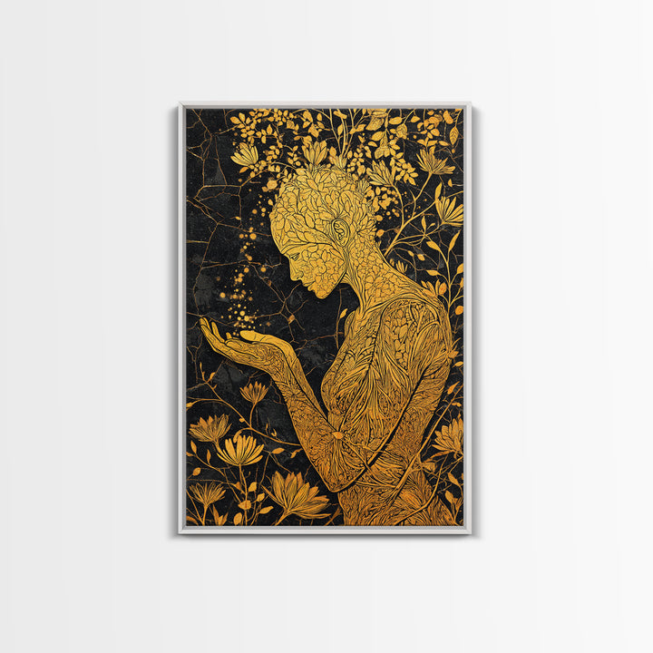 Floral Spirit Goddess Canvas Gold Canvas Print, Botanical Mythological Wall Art, Feminine Divine Decor, Real Wood Frame
