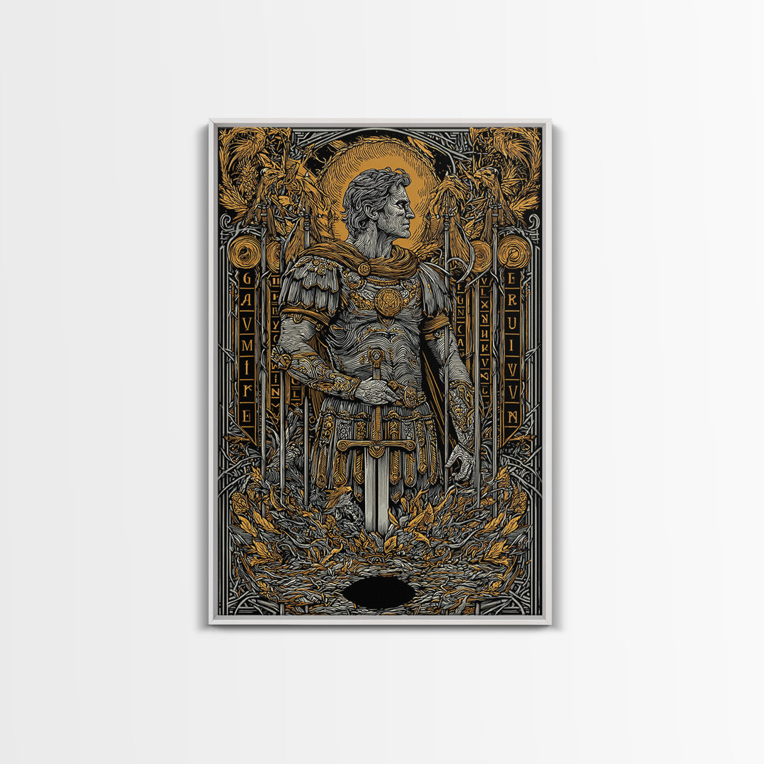 Roman Warrior Holding Sword, Canvas Gold Canvas Print, Ancient Soldier Artwork, Mythology Wall Art, Real Wood Frame