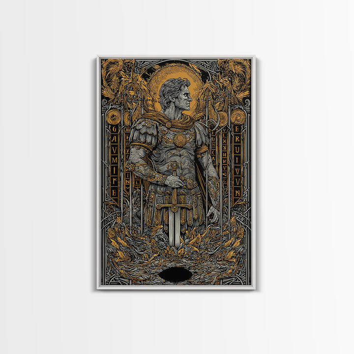 Roman Warrior Holding Sword, Canvas Gold Canvas Print, Ancient Soldier Artwork, Mythology Wall Art, Real Wood Frame