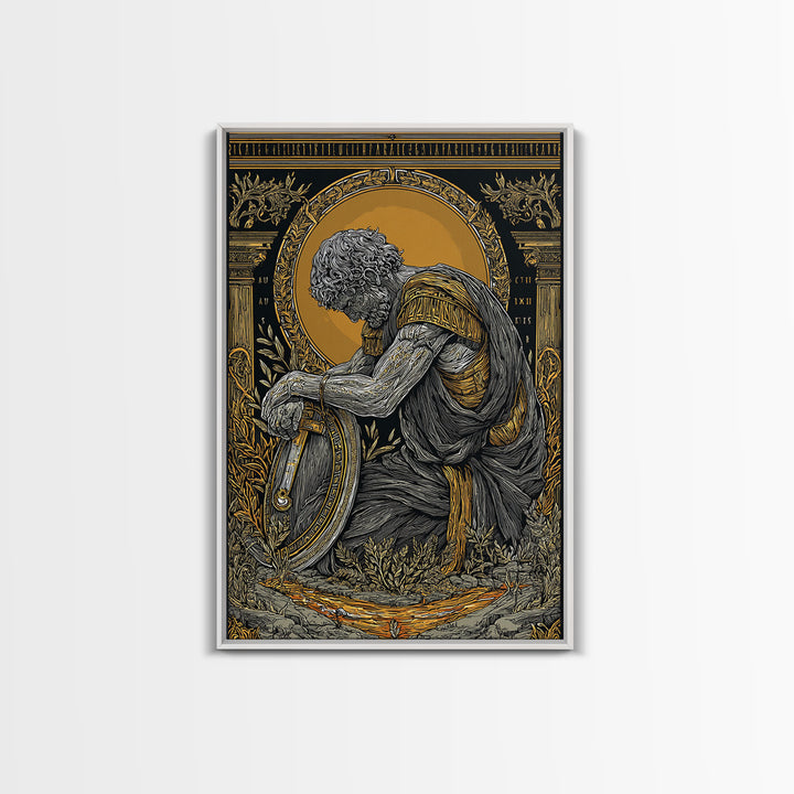 Kneeling Roman Soldier With Shield, Canvas Gold Art, Mythology Inspired Print, Ancient History Wall Decor, Real Wood Frame