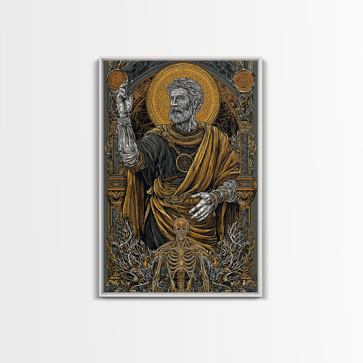 Ancient Philosopher With Skeleton, Canvas Gold Canvas Print, Mythology Wall Art, Classical History Artwork, Real Wood Frame
