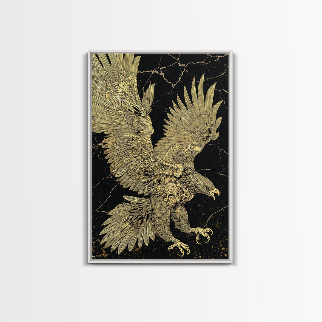 Majestic Eagle In Flight, Canvas Gold Art, Mythology Inspired Bird Print, Ancient Symbol Wall Decor, Luxury Real Wood Frame
