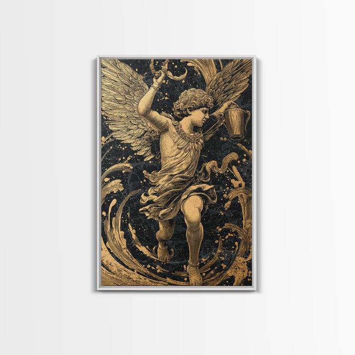 Winged Angel With Water Vessel, Canvas Gold Canvas Print, Mythology Inspired Artwork, Ancient Classical Decor, Real Wood Frame