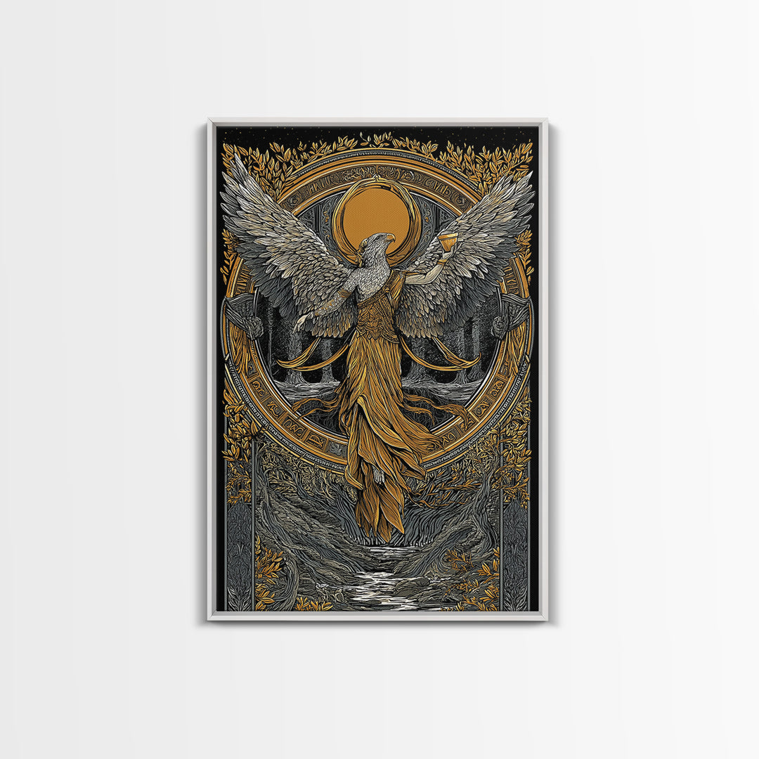 Eagle Headed Deity Holding Chalice, Canvas Gold Art, Mythology Inspired Wall Print, Ancient Symbol Artwork, Real Wood Frame