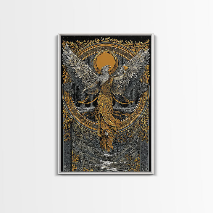 Eagle Headed Deity Holding Chalice, Canvas Gold Art, Mythology Inspired Wall Print, Ancient Symbol Artwork, Real Wood Frame