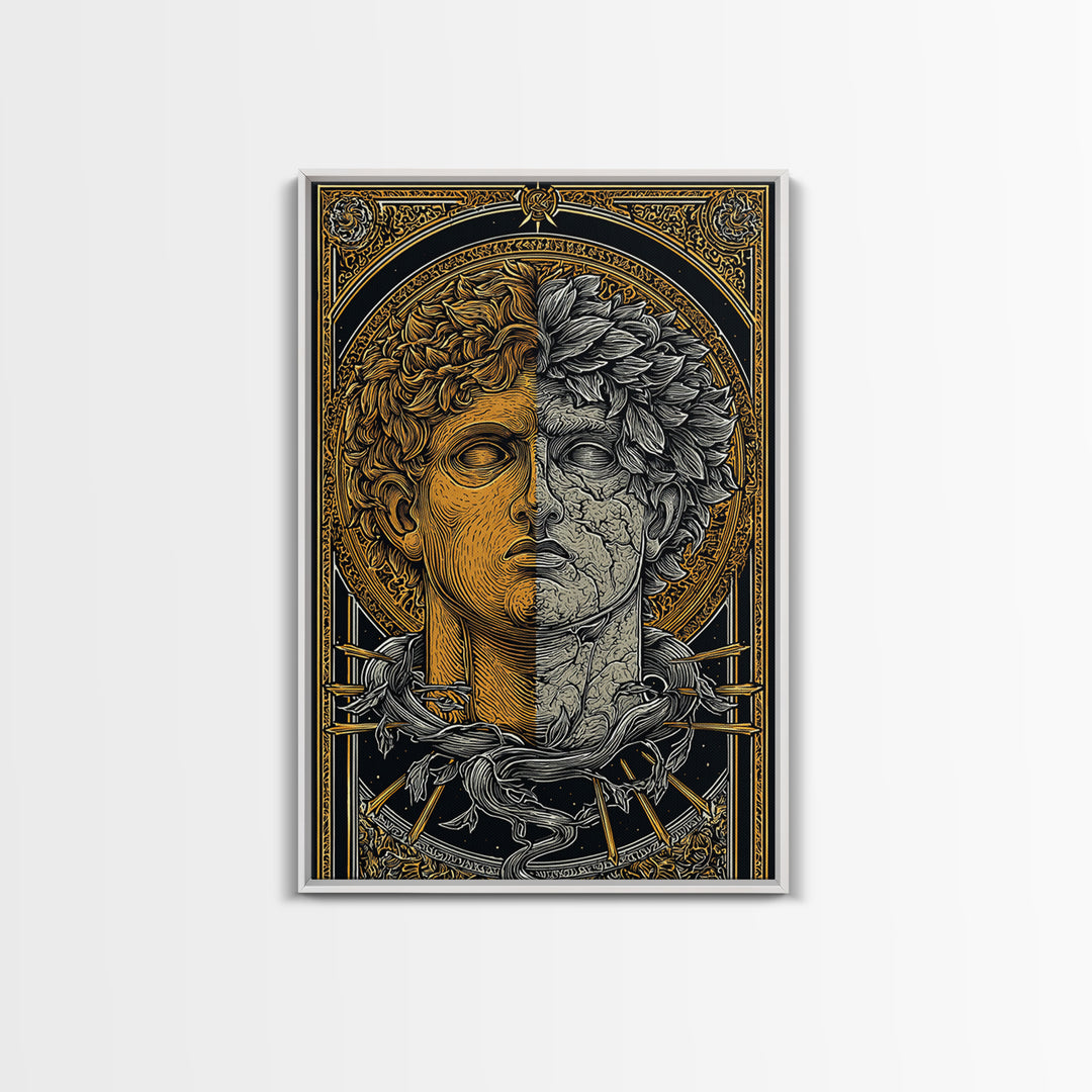 Dual Faced Mythological Bust, Canvas Gold Canvas Print, Ancient Symbolic Artwork, Mythology Inspired Wall Decor, Real Wood Frame