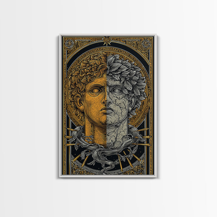 Dual Faced Mythological Bust, Canvas Gold Canvas Print, Ancient Symbolic Artwork, Mythology Inspired Wall Decor, Real Wood Frame
