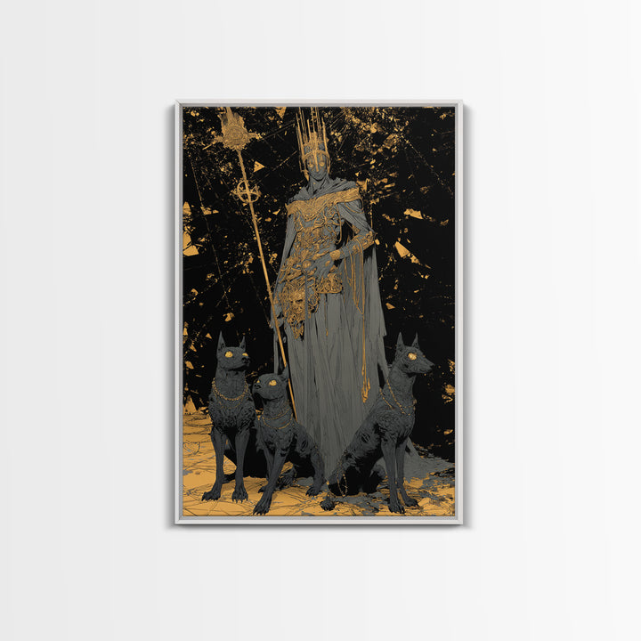 Dark King With Hounds, Canvas Gold Art, Mythology Inspired Canvas Print, Ancient Underworld Wall Artwork, Real Wood Frame