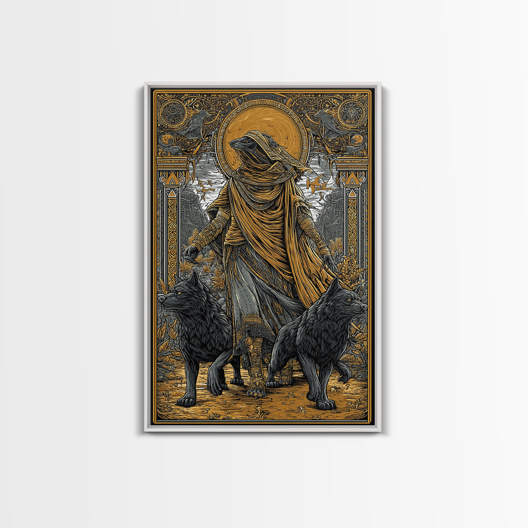Hooded Deity With Wolves, Canvas Gold Canvas Print, Mythology Inspired Artwork, Ancient Symbolic Wall Decor, Real Wood Frame