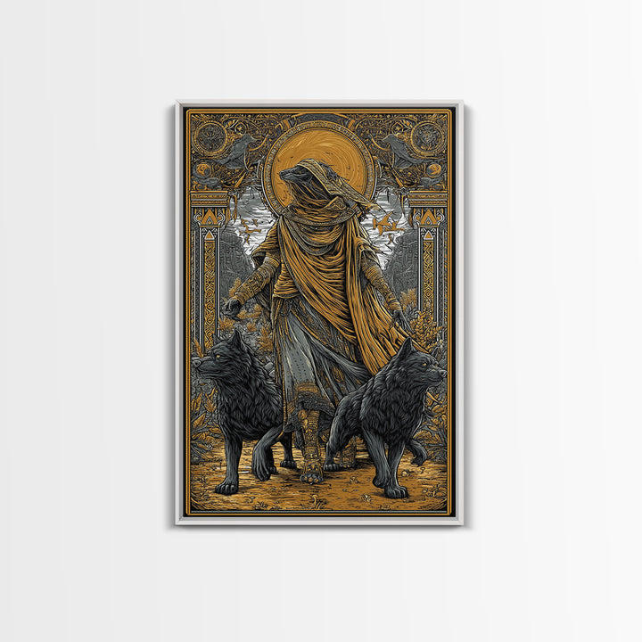 Hooded Deity With Wolves, Canvas Gold Canvas Print, Mythology Inspired Artwork, Ancient Symbolic Wall Decor, Real Wood Frame