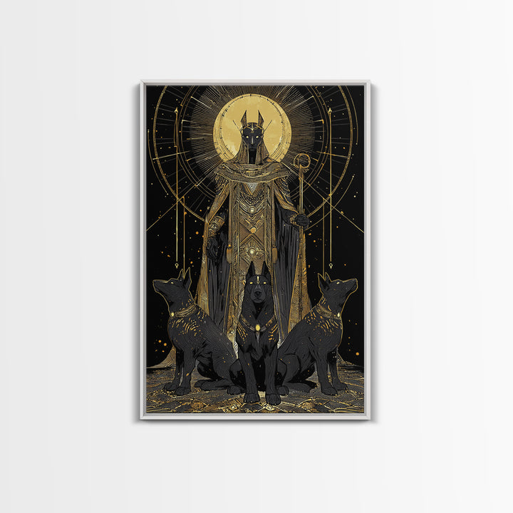 Anubis With Sacred Hounds, Canvas Gold Art, Mythology Inspired Canvas Print, Egyptian God Wall Artwork, Real Wood Frame