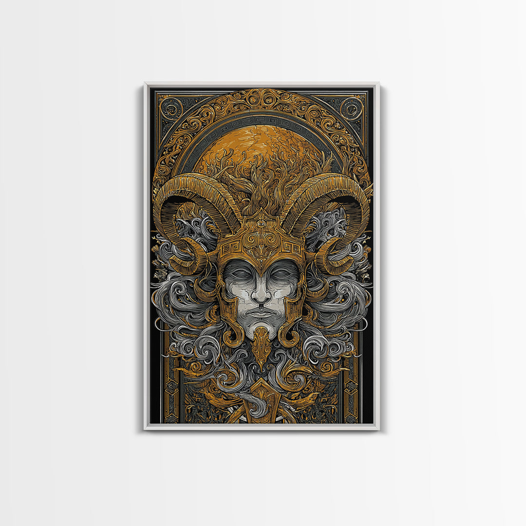 Mythical Horned Warrior Canvas Gold Canvas Print, Intricate Greek God Art, Luxury Wall Decor, Real Wood Frame Artwork