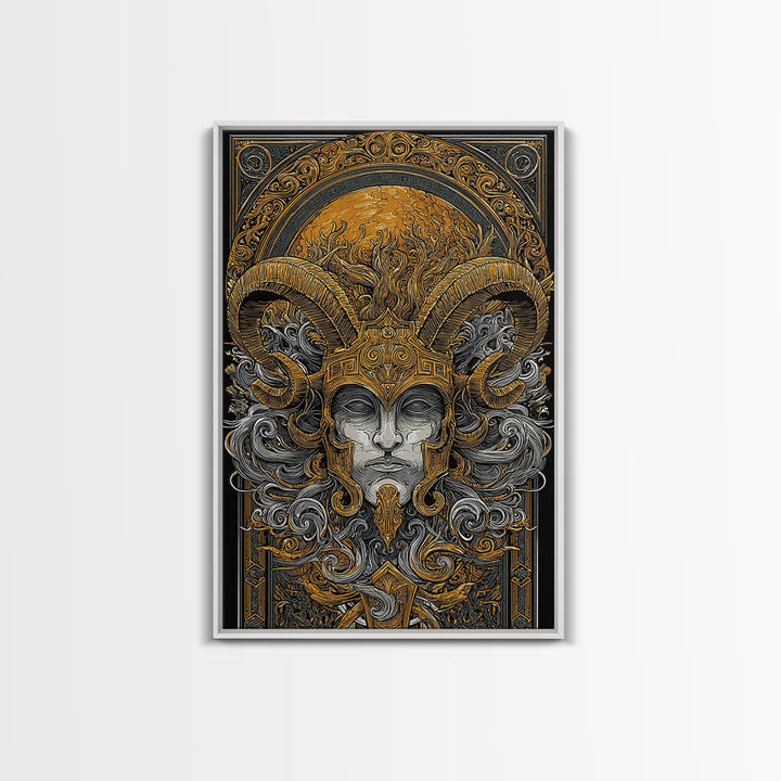 Mythical Horned Warrior Canvas Gold Canvas Print, Intricate Greek God Art, Luxury Wall Decor, Real Wood Frame Artwork