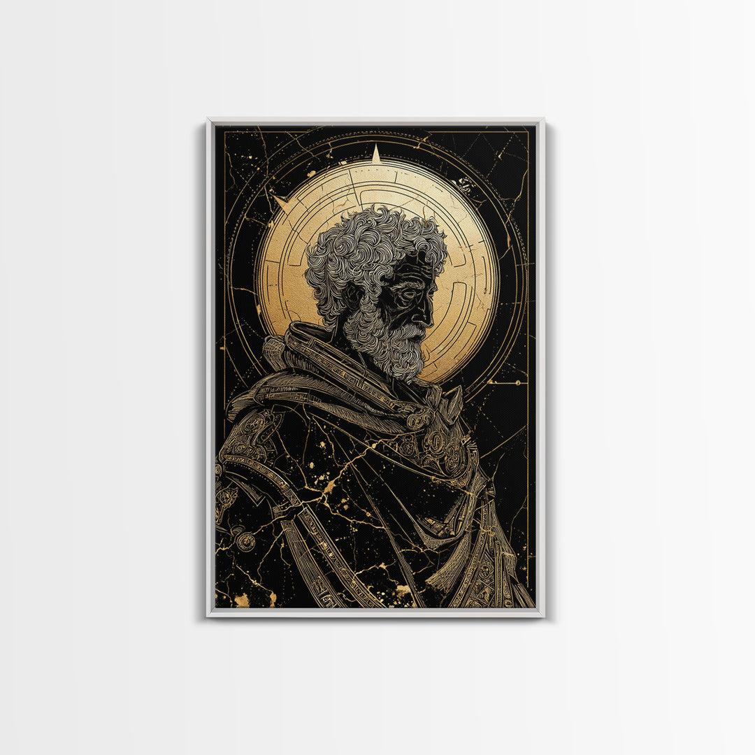 Ancient Philosopher Bust Canvas Gold Canvas Print, Greek Portrait Wall Art, Regal Mythology Decor, Real Wood Frame