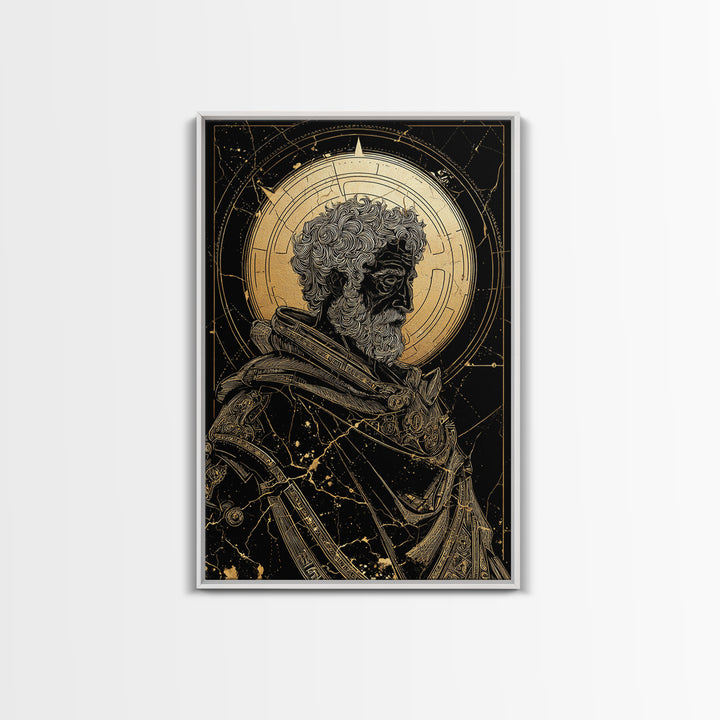 Ancient Philosopher Bust Canvas Gold Canvas Print, Greek Portrait Wall Art, Regal Mythology Decor, Real Wood Frame