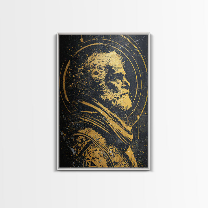 Stoic Elder Portrait Canvas Gold Canvas Print, Greek Philosopher Wall Art, Abstract Ancient Decor, Real Wood Frame