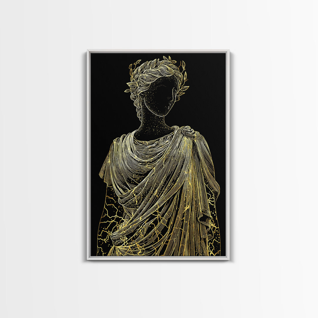 Divine Goddess Bust Canvas Gold Canvas Print, Ethereal Greek Statue Art, Elegant Classical Wall Decor, Real Wood Frame